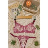 Hepimiz alalım Pembe Çiçek İşlemeli Transparan Dantel Bralet & Tanga Takım