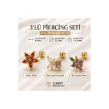 Heppii 3'lü Piercing Seti 316L Çelik Helix Tragus Kıkırdak Deniz Yıldızı Çiçekli Kelebekli Mor Çiçekli Salkım Model 3 Adet Piercing