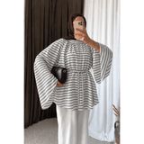 Hepsi Moda İspanyol Kol Kalın Çizgili Oversize Tunik - Gri