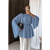 Hepsi Moda İspanyol Kol Kalın Çizgili Oversize Tunik - Mavi