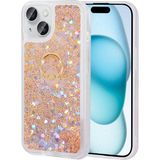 Heptek İletişim Apple iPhone 15 Kılıf Sıvılı Akışkanlı Renkli Desenli Simli Yüzüklü Silikon Kapak (Milce) - Gold