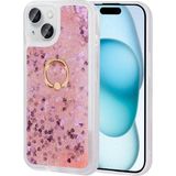Heptek İletişim Apple iPhone 15 Kılıf Sıvılı Akışkanlı Renkli Desenli Simli Yüzüklü Silikon Kapak (Milce) - Pembe