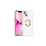 HEPTEKİLETİŞİM iPhone 14 Plus Kılıf, Kamera Korumalı, Parlak Altın Işlemeli, Logo Gösteren Kapak, Beyaz