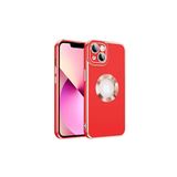 HEPTEKİLETİŞİM iPhone 14 Plus Kılıf, Kamera Korumalı, Parlak Altın Işlemeli, Logo Gösteren Kapak, Kırmızı