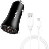 Hepu HP779T Qc3.0 2x USB Metal Araç Şarj Aleti Usb-Type-C Kablo Set - Siyah