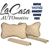 Her Araca Uyumlu Lacasa Automotive Oto Yastık - Emniyet Kemer Pedi Set - Krem