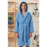 Hera Textile Çocuk Bornozu Pamuklu Kapüşonlu Mavi 13-18 Yaş Unisex-Kız-Erkek Kemerli Dümen Nakışlı Genç Bornoz - 13 - 14 Yaş