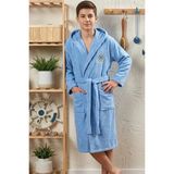Hera Textile Çocuk Bornozu Pamuklu Kapüşonlu Mavi 13-18 Yaş Unisex-Kız-Erkek Kemerli Dümen Nakışlı Genç Bornoz - 17 - 18 Yaş