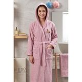 Hera Textile Çocuk Bornozu Pamuklu Kapüşonlu Pembe 13-18 Yaş Unisex-Kız-Erkek Kemerli Kelebk Nakışlı Genç Bornoz - Gülkurusu - 13 - 14 Yaş