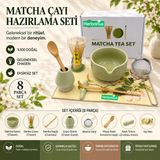 Herbarius 8 Parça Çiçek Desenli Balık Sırtı Kabartmalı Açık Adaçayı Yeşili Renk Matcha Çayı Hazırlama Seti - Geleneksel Japon Matcha Seti