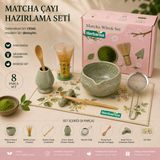 Herbarius 8 Parça Çiçek Desenli Benekli Adaçayı Yeşili Renk Matcha Çayı Hazırlama Seti - Geleneksel Japon Matcha Seti - 1 Adet