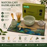 Herbarıus 8 Parça Çiçek Desenli Benekli Adaçayı Yeşili Renk Matcha Çayı Hazırlama Seti - Geleneksel Japon Matcha Seti