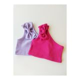 HEREN Kız Çocuk İkili Pembe Lila Fiyonklu Tek Omuz Crop Bluz %100 Pamuklu Fitilli Esnek Kumaş