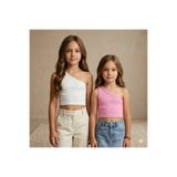 HEREN Pembe ve Beyaz Kız Bebek/Çocuk/Anne Tek Omuz 2'li Crop Set Anne Kız Kombini