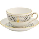 Herend Art Deco Desenli Porselen Çay Fincanı ve Tabağı - Siyah - Standart