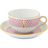 Herend Art Deco Porselen Çay Fincanı ve Tabağı - Pembe