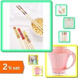 Hereveoyuncak 3 Çift Bambu Chopstick Çubuk Yemek Çubuğu + Sürahi Şeklinde Pirinç Yıkama Süzgeci - 2li Set C8M8W3