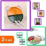 Hereveoyuncak 4 Bölmeli Ayıcık Tabldot Mama Tabağı Kaseli Tepsili + 3 Bölmeli Kapaklı Pratik Kahvaltılık - 2li Set