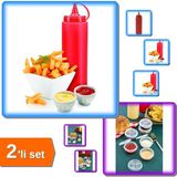 Hereveoyuncak 9 Adet Yelpaze Kapaklı Şeffaf Mini Sos Kabı + 1000 ml Kırmızı Ketçap Şişesi - 2li Set H0Y5S2