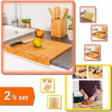 Hereveoyuncak Ahşap Tezgah Üstü Kesme Tahtası Küçük Boy + Metal Saplı Bambu Kesim Panosu - 2li Set G5C3Y9
