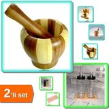 Hereveoyuncak Bambu Havan (Ahşap) Büyük + Ahşap Yağdanlık Altlığı - 2 Bölmeli Ahşap Yağğlık Sosluk Altlığı ABC123
