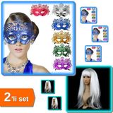 Hereveoyuncak Beyaz Renk Peruk Saç + 6 Adet Hologramlı Balo Venedik Parti Maskesi - 2li Set C7S8Q8