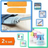 Hereveoyuncak Deterjan Hazneli Bulaşık Fırçası + Saplı Mikrofiber Başlıklı Yüzey Temizleme Mopu - 2li Set D4E5F6