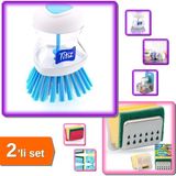 Hereveoyuncak Deterjan Hazneli Bulaşık Fırçası + Sünger Askısı Sponge Hanger - Kolay Temizlik - 2li Set Crvpb5