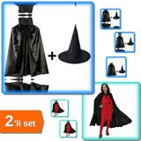 Hereveoyuncak Kapşonlu Siyah Şapkalı Pelerin 90 Cm + Siyah Yakalı Pelerin ve Cadı Şapkası Çocuk Boy 2'Li Set