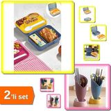 Hereveoyuncak Meyve Suyu Bölmeli Tabaklı Beslenme Diyet Kabı + Lale Figürlü Tezgah Üstü Kaşıklık - 2li Set R2E8U4