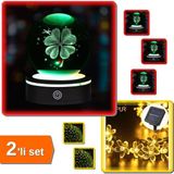 Hereveoyuncak USB Li Yonca Tasarımlı Dönen Cam Küre + Solar Çiçekli Dekoratif 30 LED Bahçe Lambası - 2li Set F9D8X8