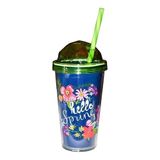 Herevin Hello Spring Desenli Çift Duvarlı Pipetli Bardak, 540 ml Kapasite, Yeşil