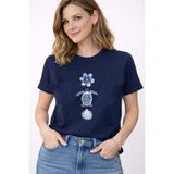 herkesemoda Deniz Temalı Kaplumbağa Baskı Detaylı Kadın Bisiklet Yaka Pamuklu T-Shirt