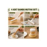 HerŞey Marketing Mutfak Bambu Seti 4 Parça Pratik Temizlik Seti Tabak Yıkama Bardak Yıkama Tezgah Çekçek Süpürge Ahşap Bambu Saplı