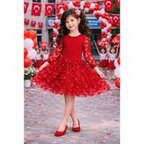 Herşey Nota Kız Çocuk Kırmızı Çiçek Detaylı Tişört ve Tül Etek Takım – Okul Bayram Etkinlik 5-13 Yaş - 6 Yaş