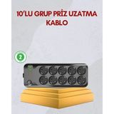 Herşey Trend 10 Prizli Uzatma Kablosu Termal Koruma USB Type-C Hızlı Şarj 2500W - Çok Renkli