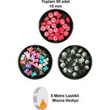 Herşey Trend Herşeytrend 90 Adet 10 mm Polimer Kil Fimo Boncuk Takı Bileklik + 5 Metre Misina Hediye - Ayıcık - Bayrak - Yin Yang