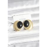 Herşey10 Pirinç Renk Siyah Boncuklu Oval Kadın Küpe