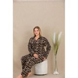 Herşeytrend Büyük Beden Leopar Desenli Düğmeli Uzun Kol Viskon Pijama Takımı