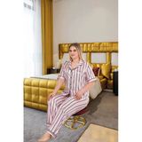 Herşeytrend Büyük Beden Şık Tasarım Pembe Siyah Çizgili Düğmeli Kısa Kol Lüx Saten Pijama Takımı