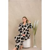 Herşeytrend Büyük Beden Siyah Beyaz Kalp Desenli Düğmeli Uzun Kol Viskon Pijama Takımı