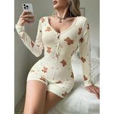 Herşeytrend Pamuklu Ekru Ayıcık Desenli Düğmeli Tulum Pijama
