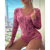 Herşeytrend Pamuklu Pembe Siyah Kalp Desenli Düğmeli Uzun Kol Tulum Pijama