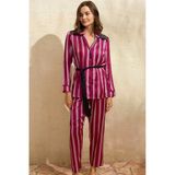 Herşeytrend Saten Çizgili Düğmeli Uzun Kol Dantelli Gömlek Ve Pantolon Pijama Takım (9765)