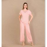 Herşeytrend Viskon Şık Tasarım Dantel İşlemeli Açık Pembe Kısa Kol Pijama Takımı