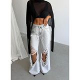 HerTon Kadın Bol Paça Wide Leg Jean - %100 Pamuk Yırtık Detaylı Pantolon