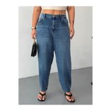 HerTon Kadın Büyük Beden Yüksek Bel Arka Beli Lastikli Mom Slouchy Jean Pantolon