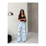 HerTon Kadın Çoklu Yırtık Detaylı Wide Leg Jean - %100 Pamuk Full Distressed Bol Paça Pantolon