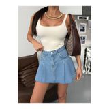 HerTon Kadın Mavi Denim Mini Etek Yüksek Bel Pilili Jean Etek