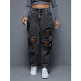 Herton Kadın Yırtık Detaylı Battal Büyük Beden Mom Jean Pantolon – Yüksek Bel Vintage Denim Rahat Kesim Trend Pantolon